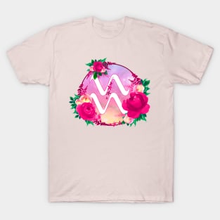 Aquarius Zodiac Horoscope Pink Floral Monogram T-Shirt